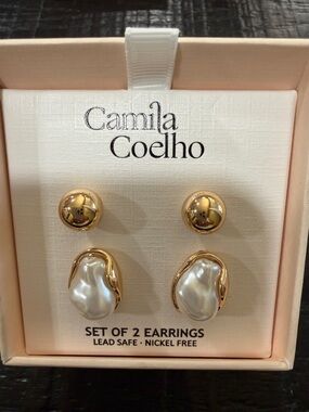 Camila Coelho Gold-tone & White Pearl Irregular Stud Set